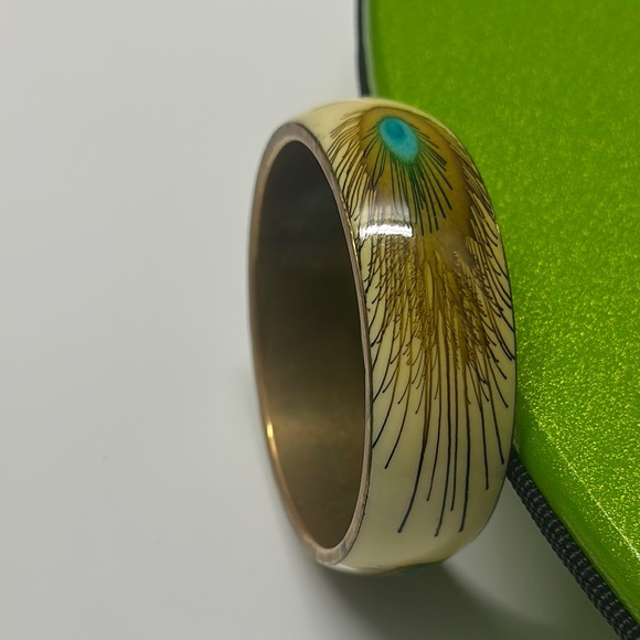 Brass Gold and Blue Peacock Feather Bangle - Picture 4 of 5